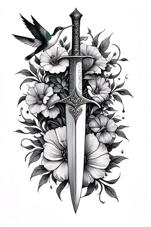 Floral Sword With One Hummingbird In The Top Corner And One Hummingbird In The Bottom Corner