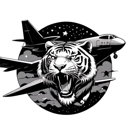 Japanese Tiger Plus Plane Flying In The Sky Filled With Stars