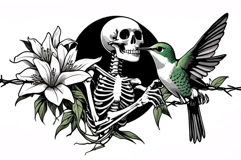 Skeleton Holding A Hummingbird Flying Away With Lilies On Barbed Wire And A Half Moon