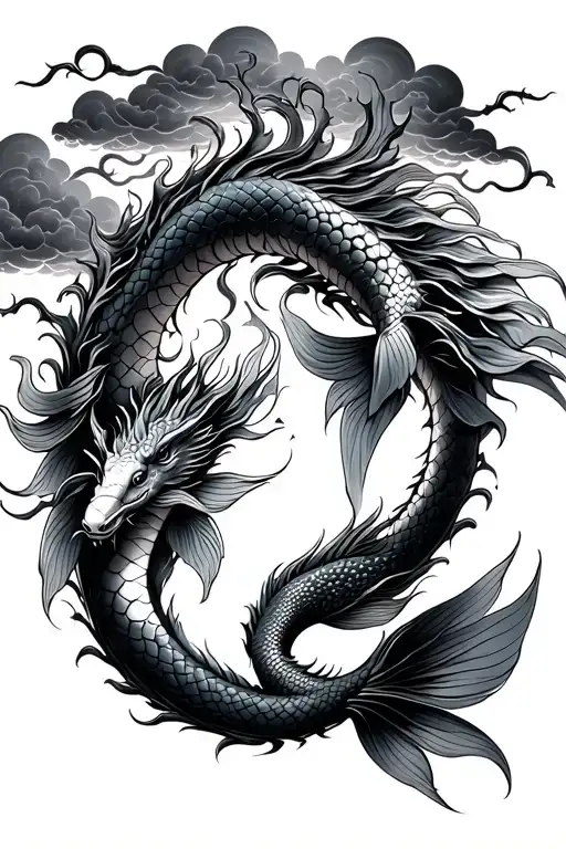 Koi Fish Dragon Clouds Tree Of Life Intertwined
