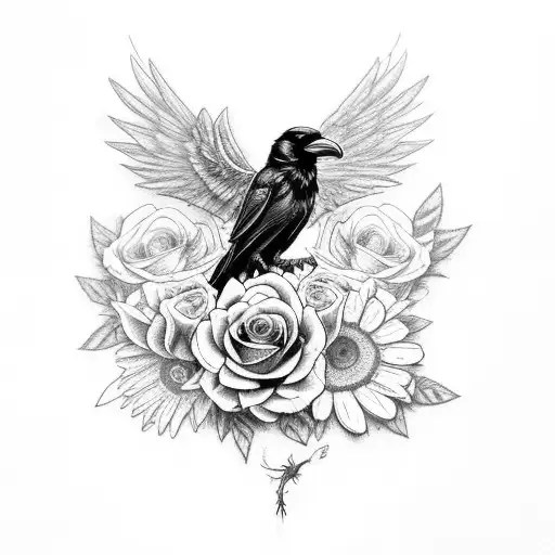 A Raven Perched On A Twisted Dagger Surrounded By Roses And Daisies