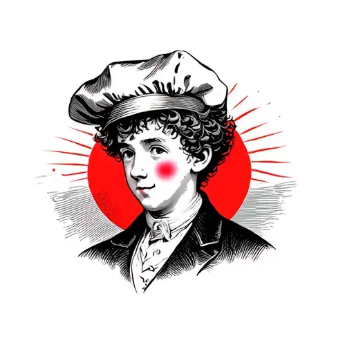 Victorian Era Male Kid With Wavy Hair And Baker Boy Hat And Red Blush With Red Sun In The Background