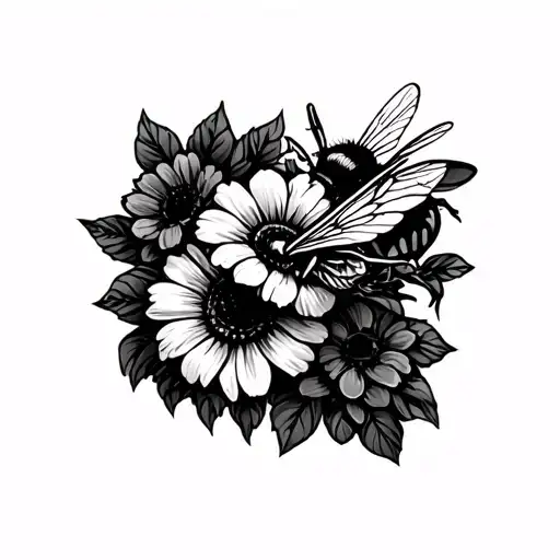 Flowers And Bumble Bee Flying