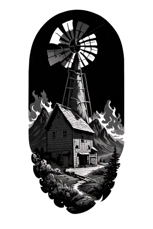 Windmill With Mountains On Fire