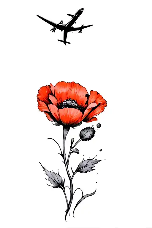 Poppy Flower With An Airplane Flying