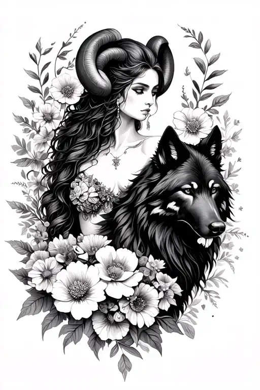 Aries Sexy Goddess Surrounded By Flowers And Black Wolf