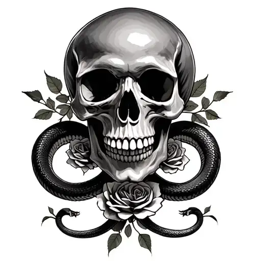 Skull With 2 Snakes And Roses Surrounded