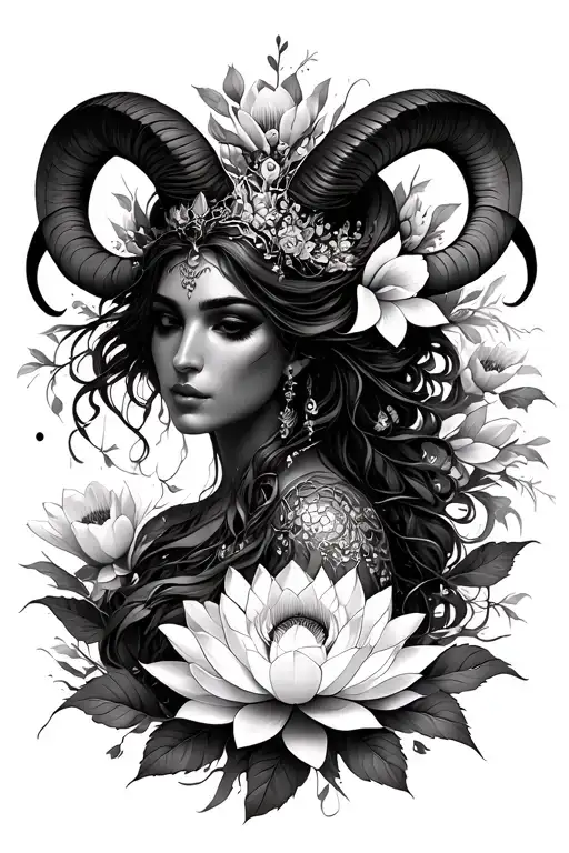 Aries Sexy Goddess Surrounded By Poeny And Lotus Flowers