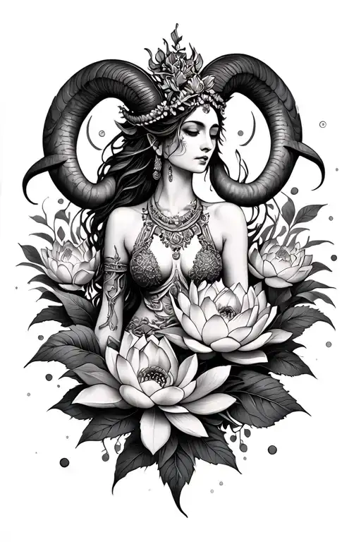 Aries Sexy Goddess Surrounded By Poeny And Lotus Flowers Intertwined