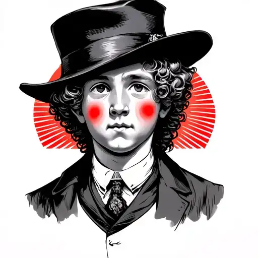 Victorian Era Male Kid With Wavy Hair And Hat And Red Blush With Red Sun In The Background