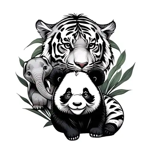 Panda And Elephant With Tiger And Bunny Surrounded