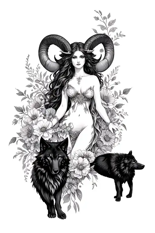 Aries Sexy Goddess Surrounded By Flowers And Black Wolfs