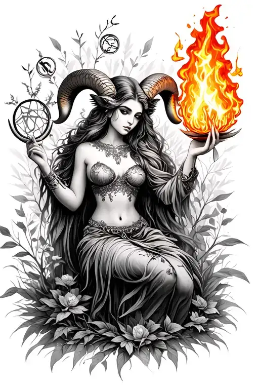 Aries Sexy Goddess In Nature Holding Fire With Zodiac Symbols