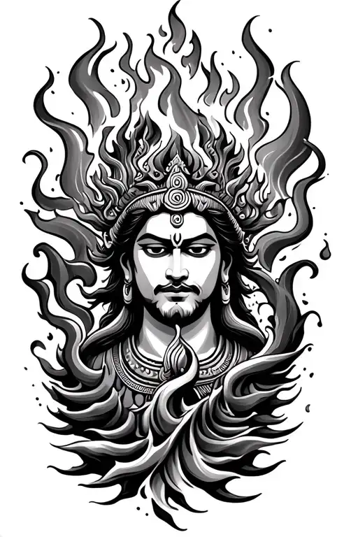Newari God With Fire And Water Waves