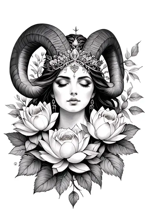 Aries Sexy Goddess Surrounded By Lotus And Roses Flowers Growing