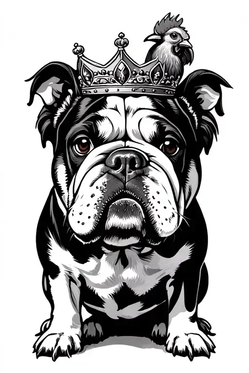 English Bulldog With A Kiwi Bird And A Rooster Wearing A Crown