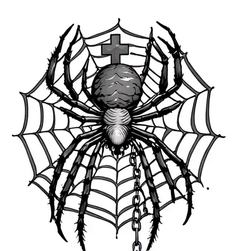 Tattoo Sketch Spider On Web With A Cross On Back And Chains