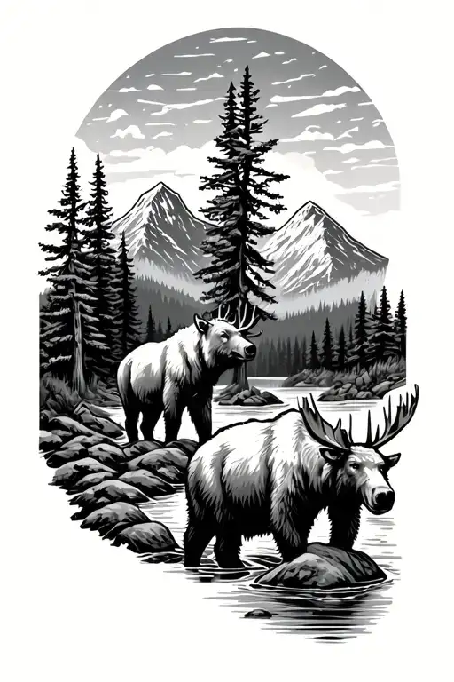 Mountain Forest With River A Bear And A Moose