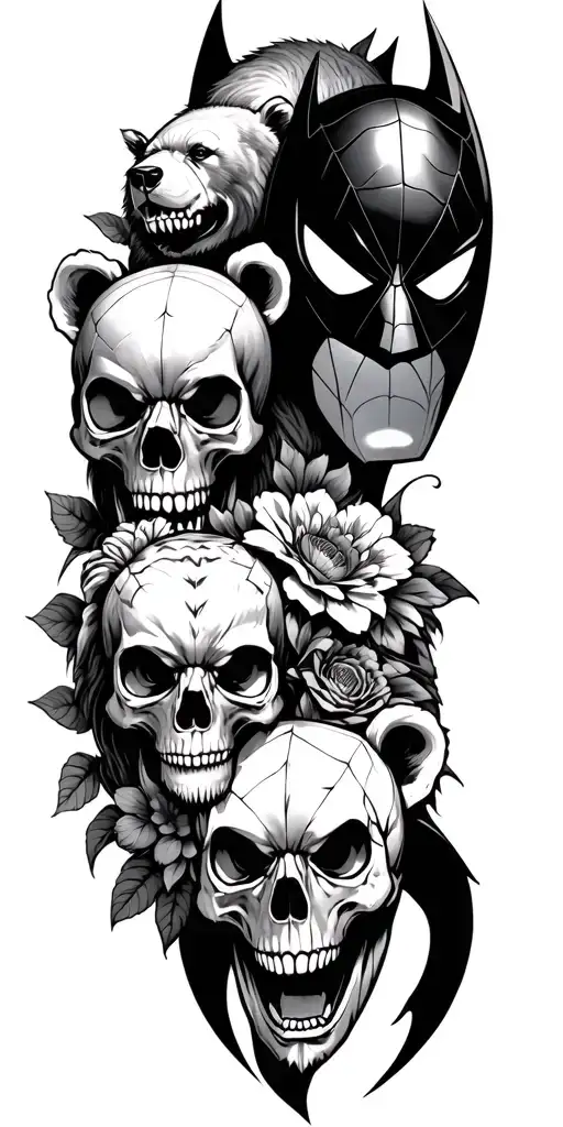 Skulls With Bears And Lions With Spider-man And Batman And Flowers