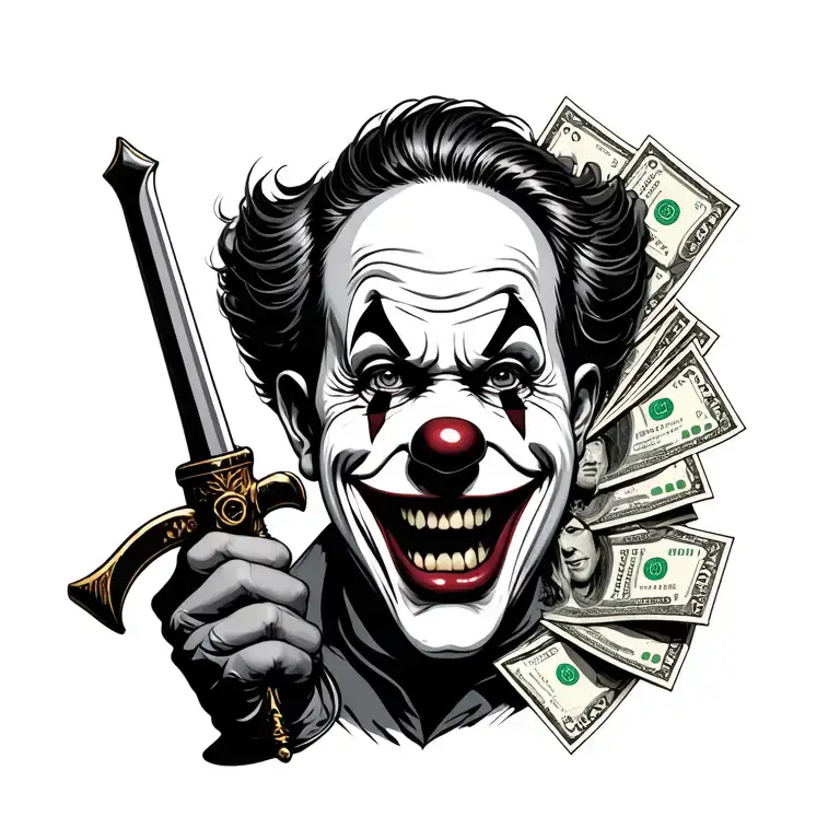 Clown With A Weapon And Money To The Sides