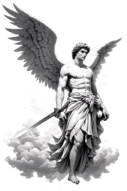 Angel Stands Sideways With Wings In His Hands Holds A Sword In The Clouds