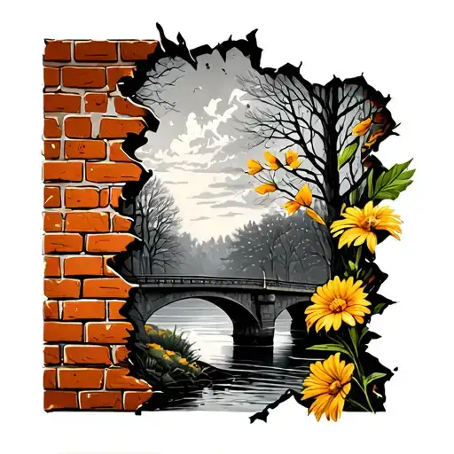 Brick Wall Being Torn With November Birth Flower And With Picture Of Bridge River Woods Sky