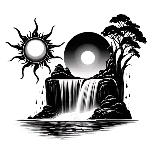 A Sun Melting Into A Waterfall That Turns Into Rain