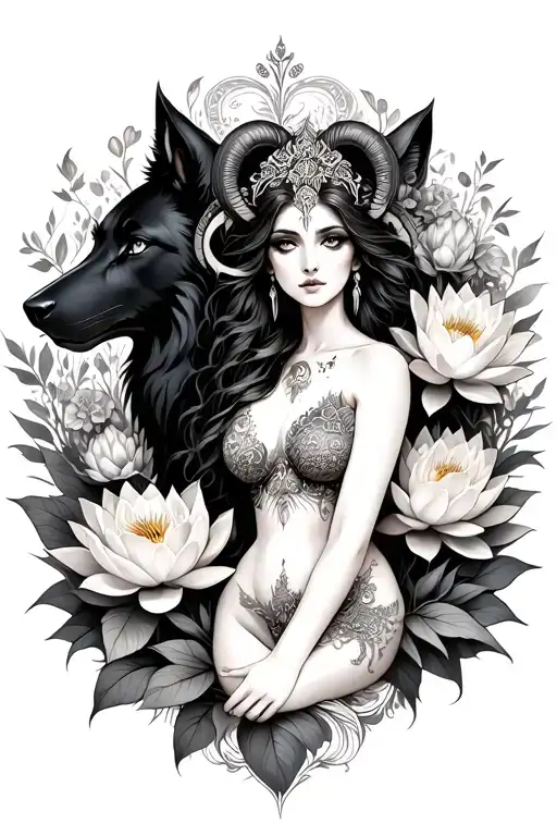 Aries Sexy Goddess Surrounded By Poeny And Lotus Flowers And Black Wolf