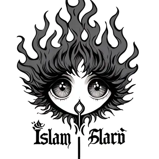 Anime Inspired Tattoo With Eyes Like Fire & Islam Text