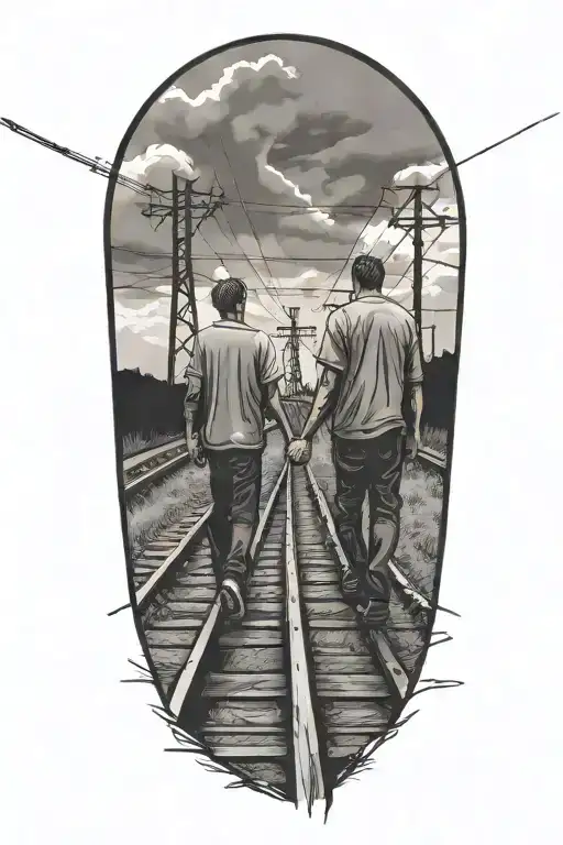 Father And Son Holding Hands Walking On Railroad Tracks With Power Lines