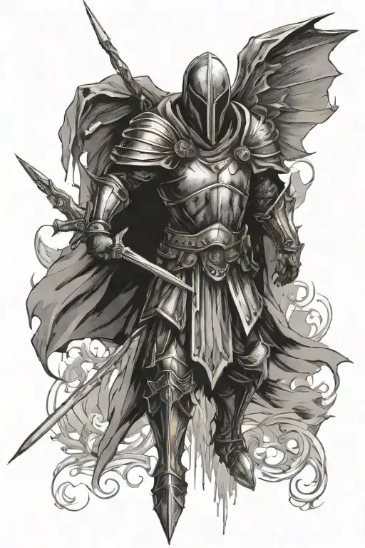 Mid Evil Hooded Knight With Wings Spear In Right Hand Attack Down To His Left