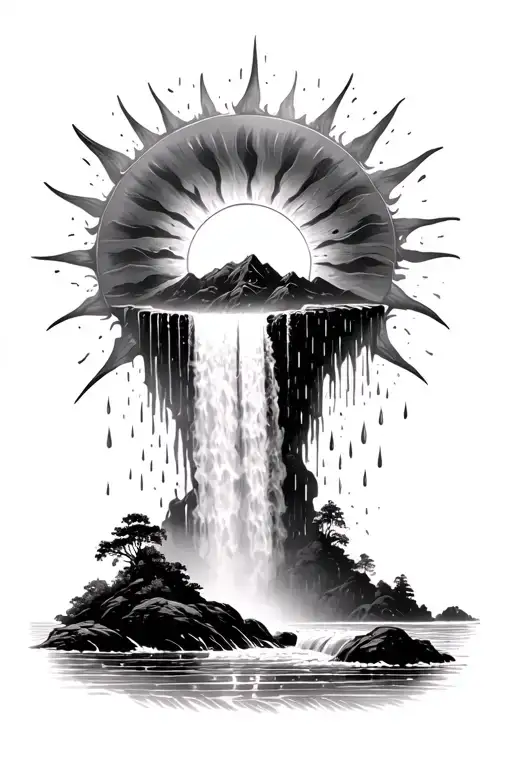 A Sun Melting Into A Waterfall That Turns Into Rain