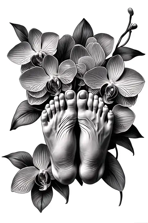 Baby Feet With Jesus Praying Surrounded By Orchid Flowers