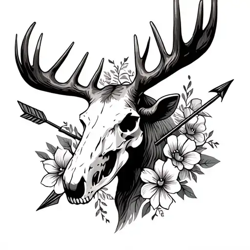 Side View Moose Skull With Arrow Going Through The Middle With Flowers