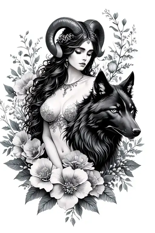 Aries Sexy Goddess Surrounded By Flowers And Black Wolf