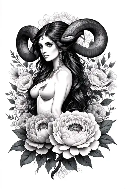 Aries Sexy Goddess Surrounded By Peony Flowers