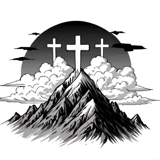 Three Crosses On A Mountain And Clouds