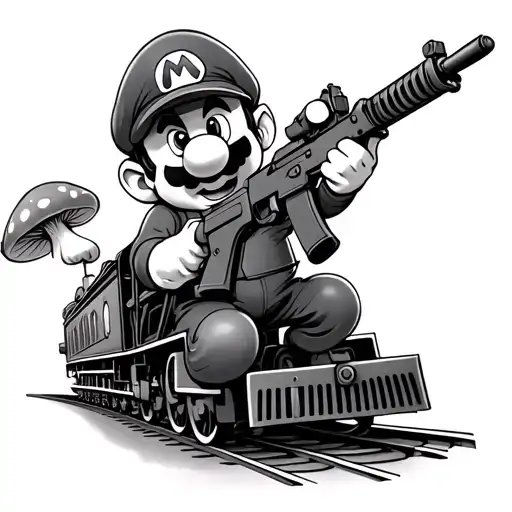 Mario Eating A Mushroom Shooting A M16 Out Of A Train