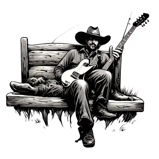 Cowboy Napping With Fishing Pole And Guitar