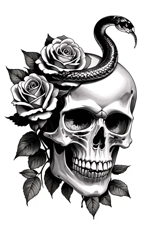 Realistic Skull And Roses With A Snake Coming Out Of The Skull's Eye