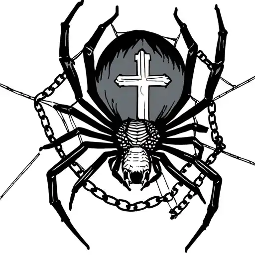 Simple Pretty Tattoo Sketch Spider On Web With A Cross On Back And Chains