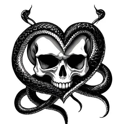 Skull With 2 Snake Intertwined Hearts
