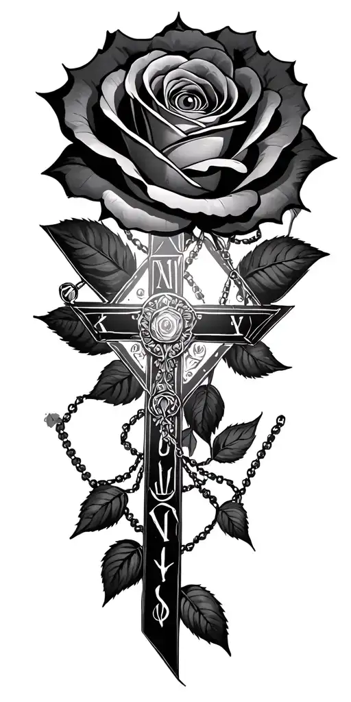 Roses Cross In Rosary Beads Roman Numerals Eye Inside Triangle