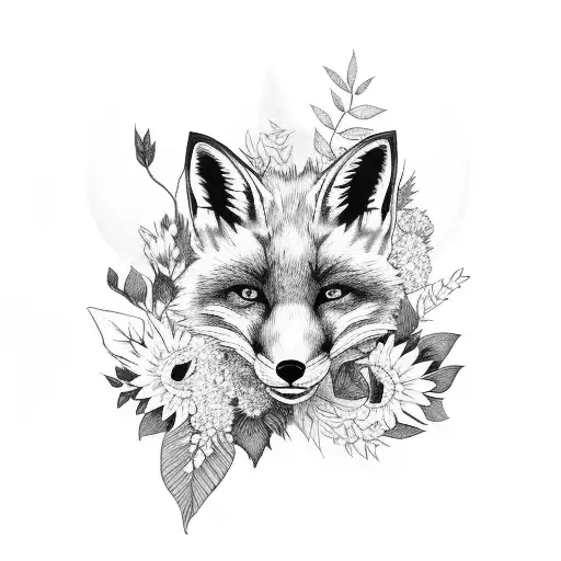 Fox Head Surrounded By Flowers And Leaves