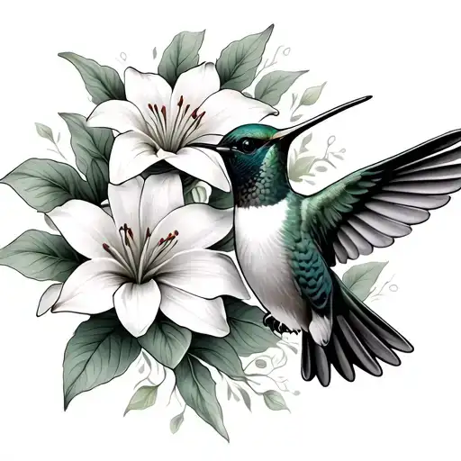 Hummingbird Flying Surrounded By Lily Flowers