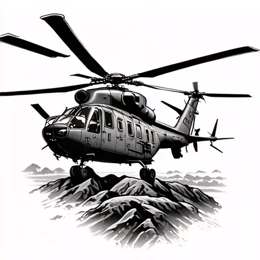 Military Themed Tattoo Featuring A Ch53e Helicopter Flying Over A Rugged Terrain