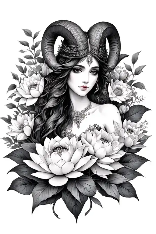 Aries Sexy Goddess Surrounded By Lotus And Peony Flowers Growing