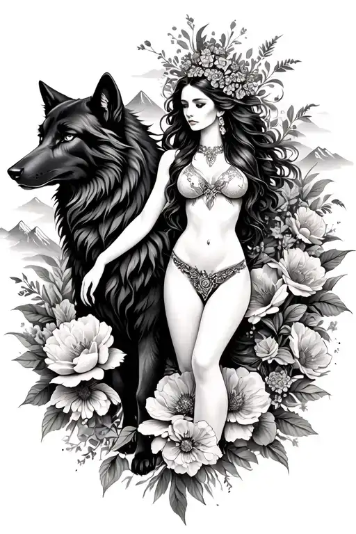 Aries Sexy Goddess Surrounded By Poeny Flowers And Black Wolf With Mountains