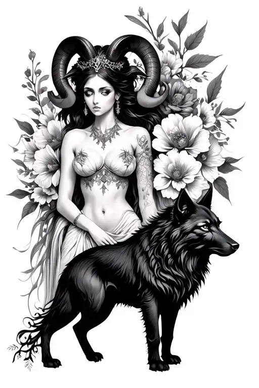 Aries Sexy Goddess Surrounded By Flowers And Black Wolfs