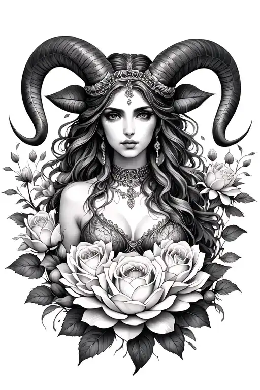 Aries Sexy Goddess Surrounded By Roses And Lotus Flowers Growing Intertwining